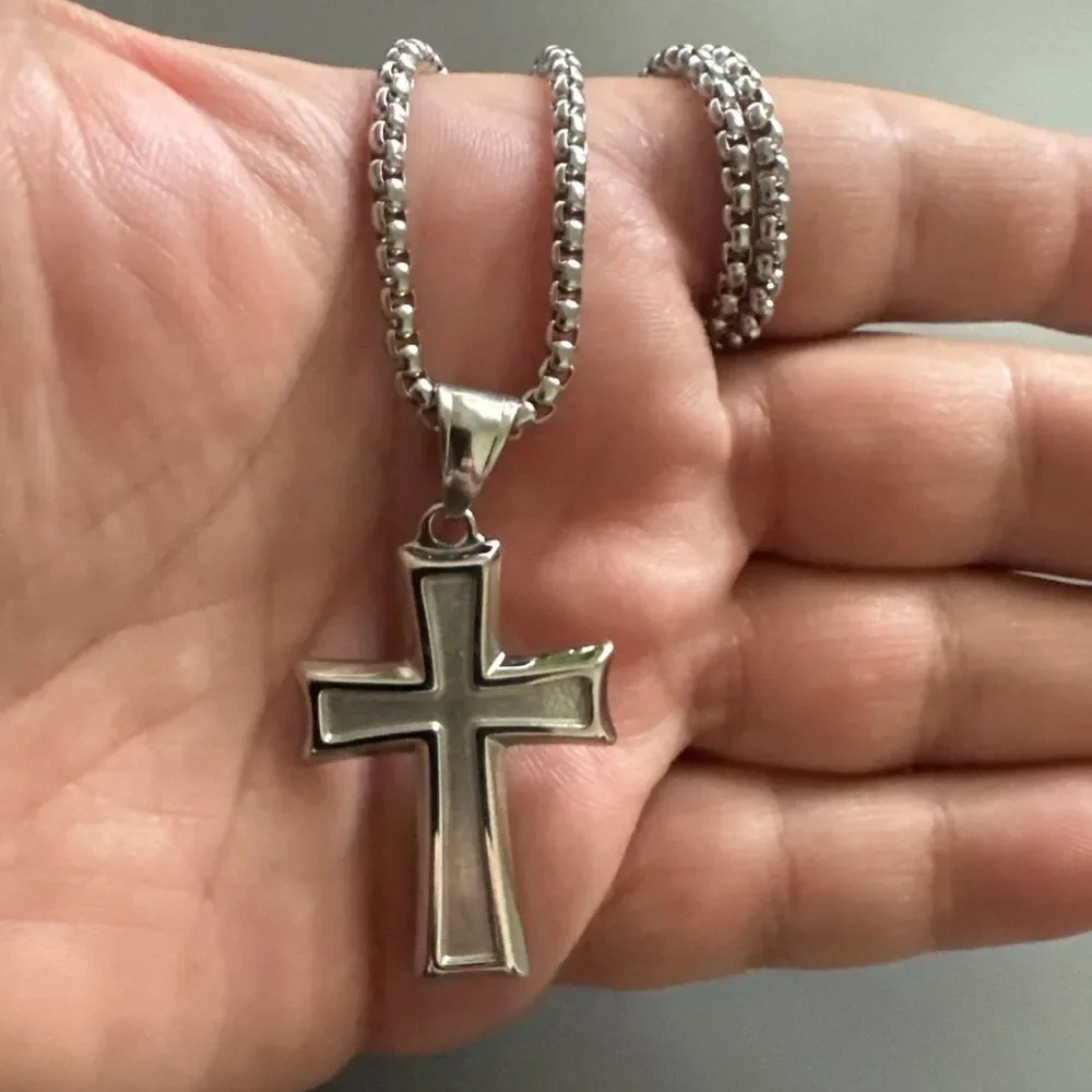 Stainless Steel Cross Pendant Scripture Silver Plated 24 Inch Chain Religious